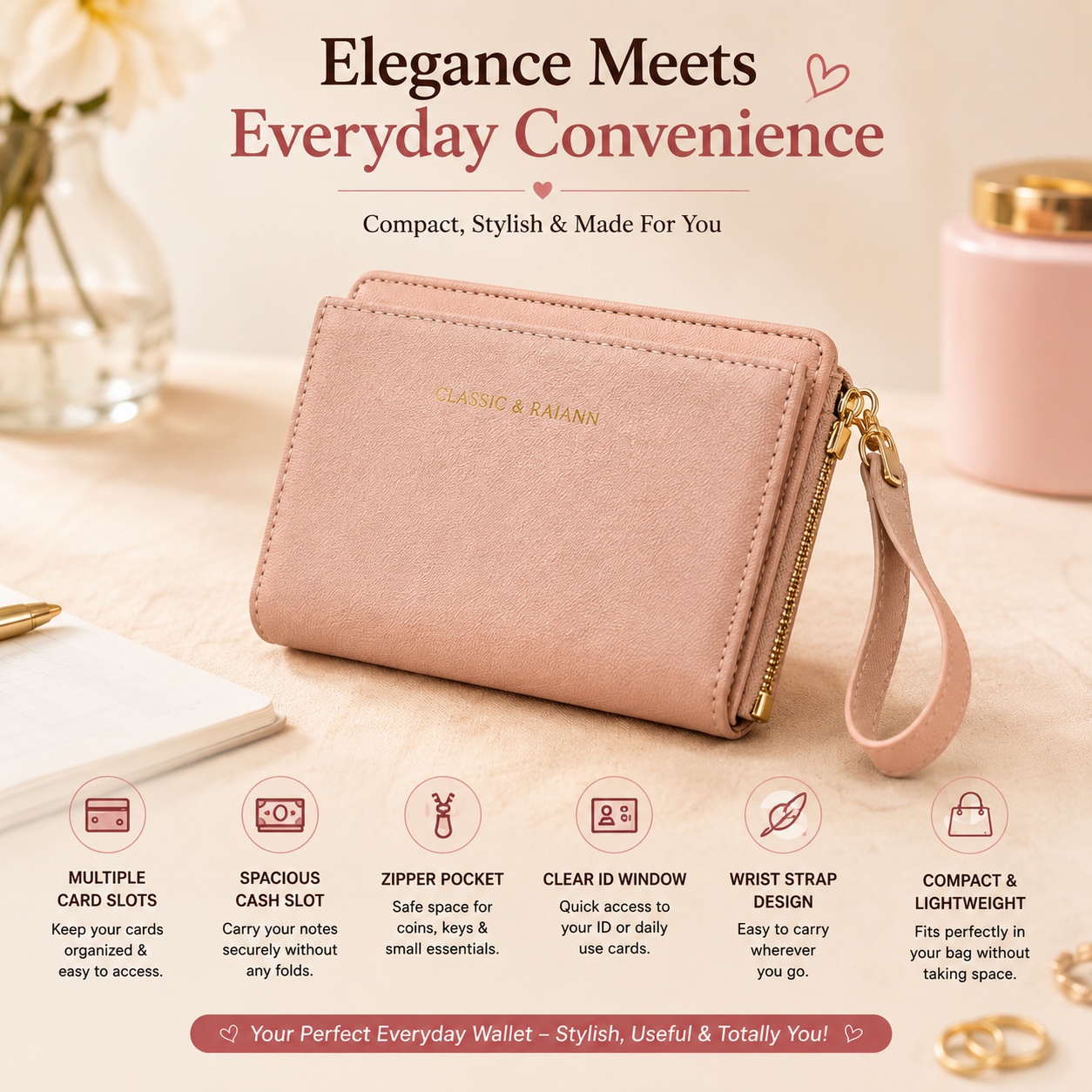 Pink Wallet With Detachable Card Holder