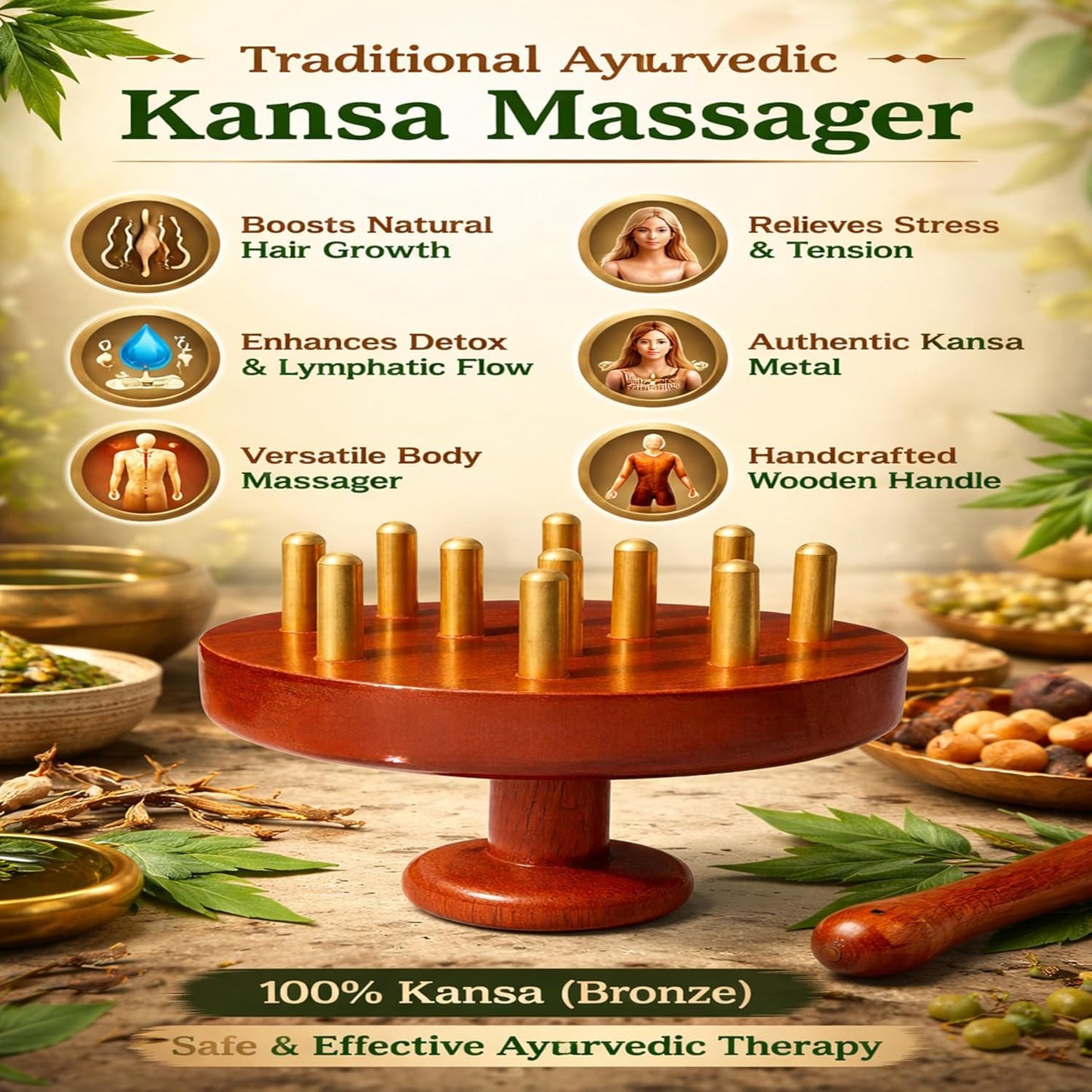 Kansa Scalp Head And Body Massager With Bronze Comb