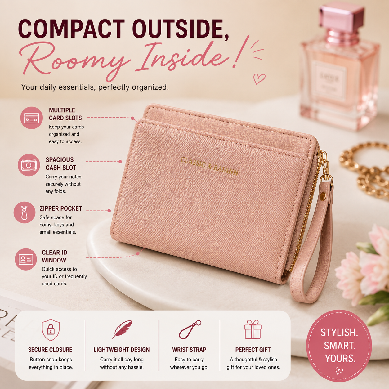 Pink Wallet With Detachable Card Holder