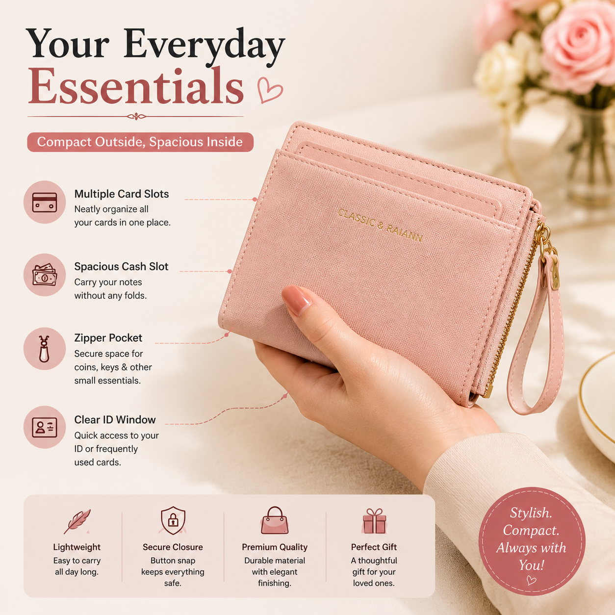 Pink Wallet With Detachable Card Holder