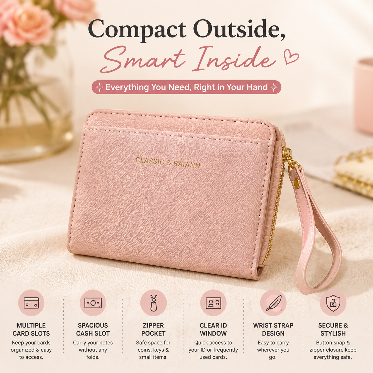 Pink Wallet With Detachable Card Holder